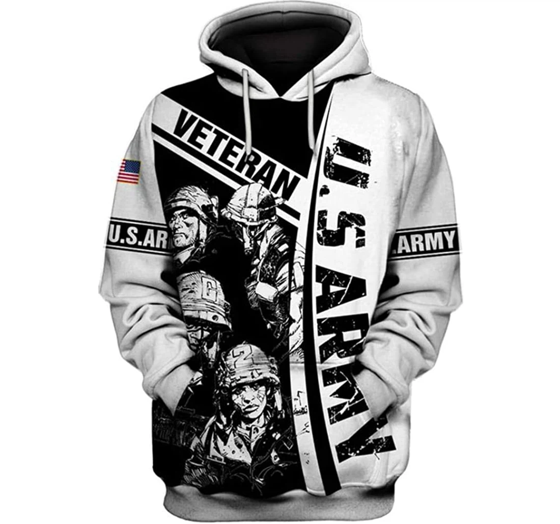 Us Army Veteran America Flag N White Art Included - 3D Printed Pullover Hoodie