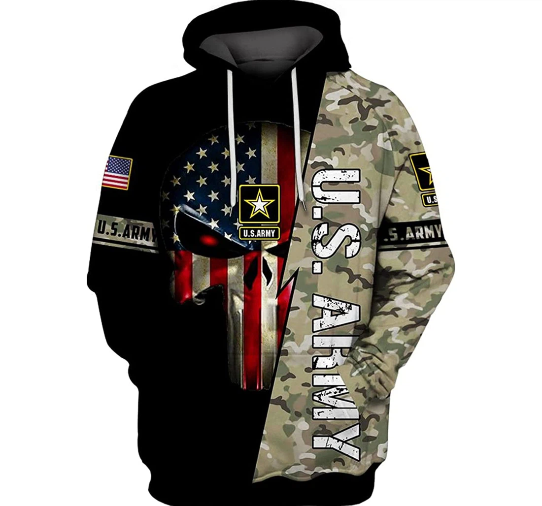 Us Army Skull Flag Symbol Camo Background Included - 3D Printed Pullover Hoodie