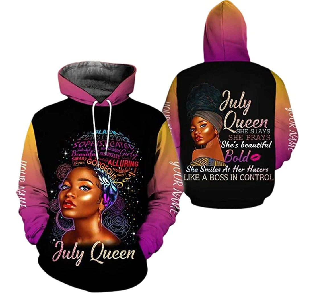 Personalized Name July Queen She Slays She Prays She's Beautiful Bold Unisex Included - 3D Printed Pullover Hoodie