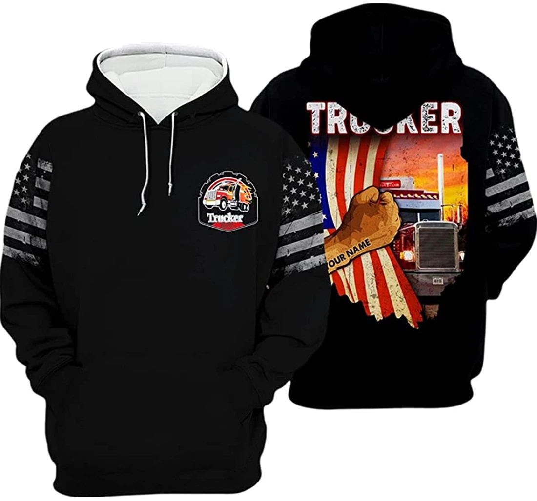 Personalized Name Us Trucker Proud To Be A Trucker America Flag - 3D Printed Pullover Hoodie