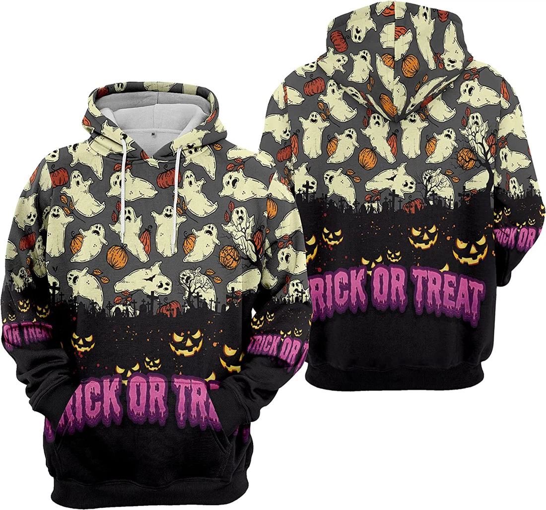 Trick Or Treat Pumpkin Cemetery Ghost Seamless Pattern 3 Halloween - 3D Printed Pullover Hoodie