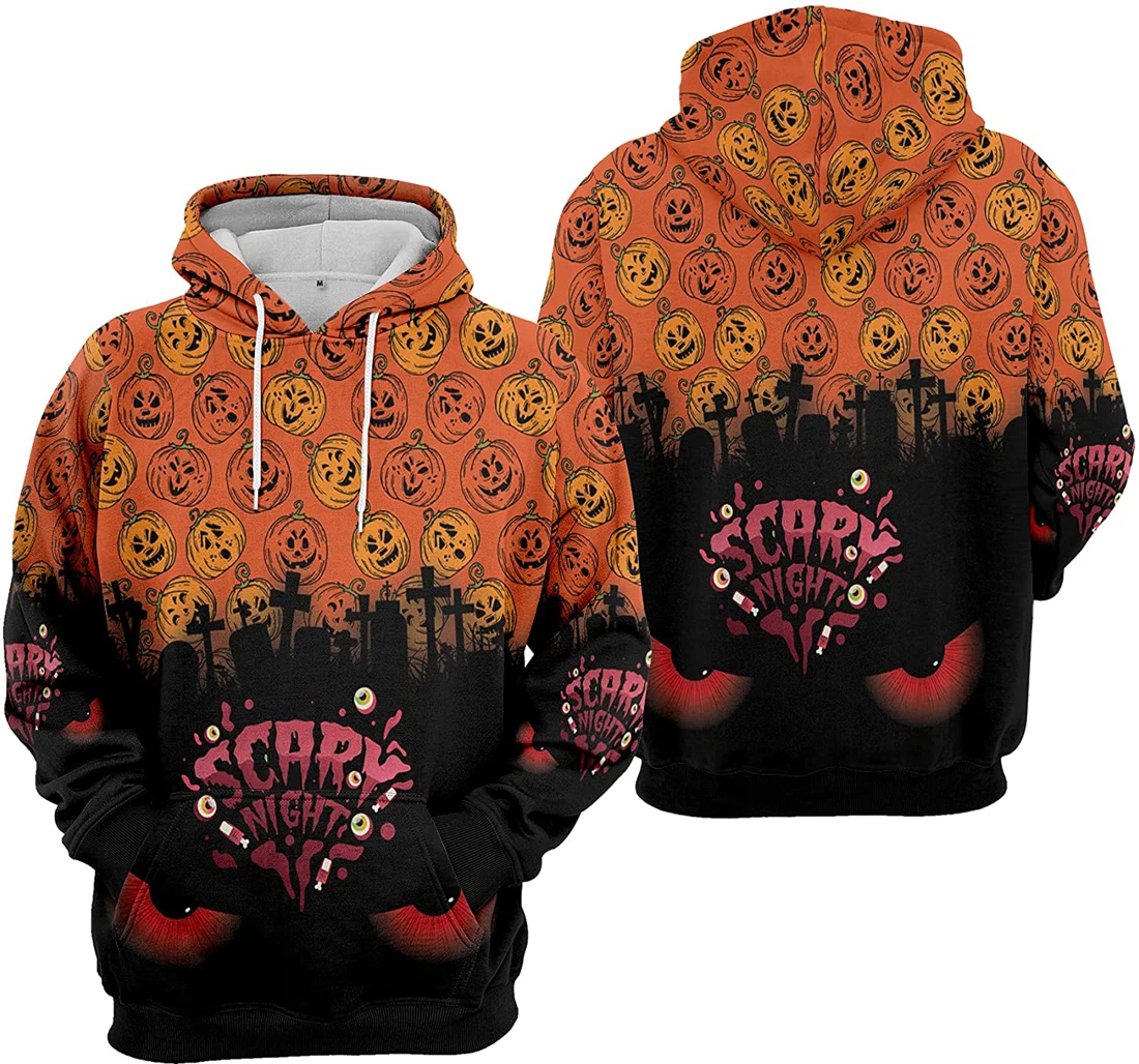 Scary Night Devil Eyes Cemetery Bat Cat Pumpkin Halloween - 3D Printed Pullover Hoodie