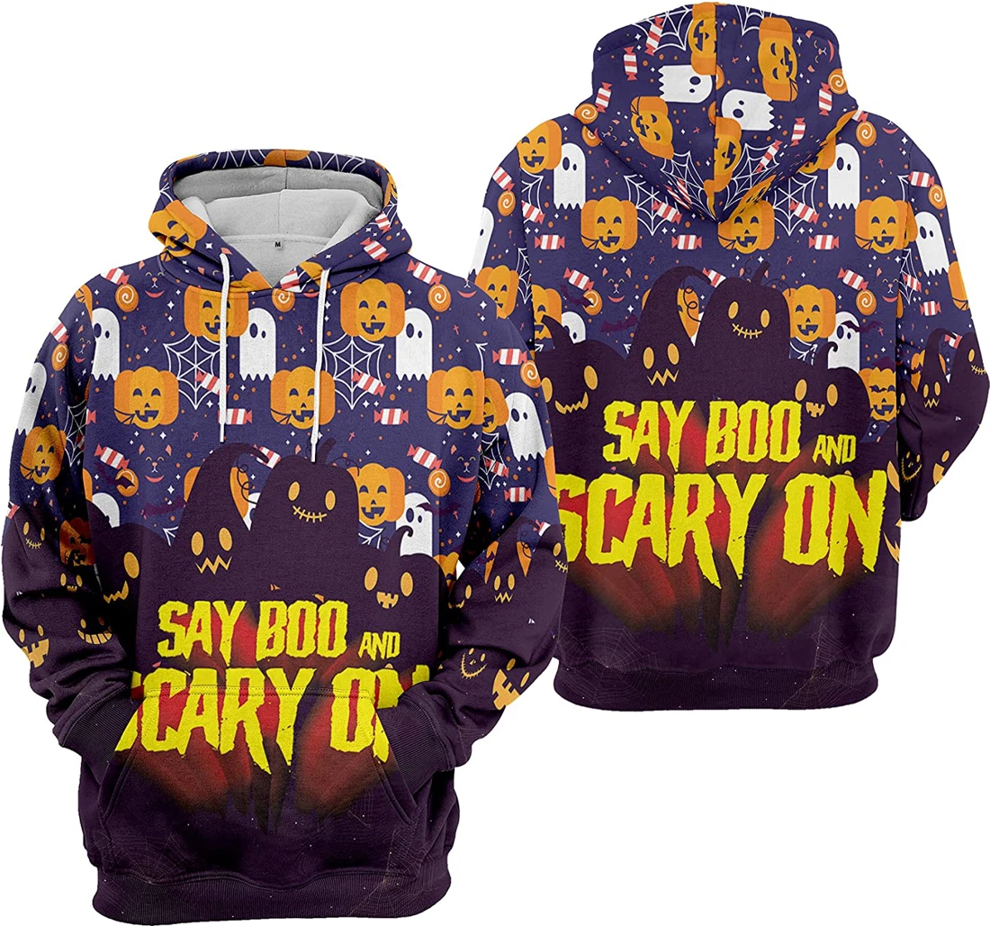 Say Boo Scary On Cat Bat Cobweb Halloween - 3D Printed Pullover Hoodie