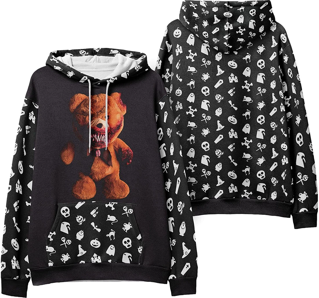 Monster Bear Skull Crossbones Seamless Pattern Halloween - 3D Printed Pullover Hoodie