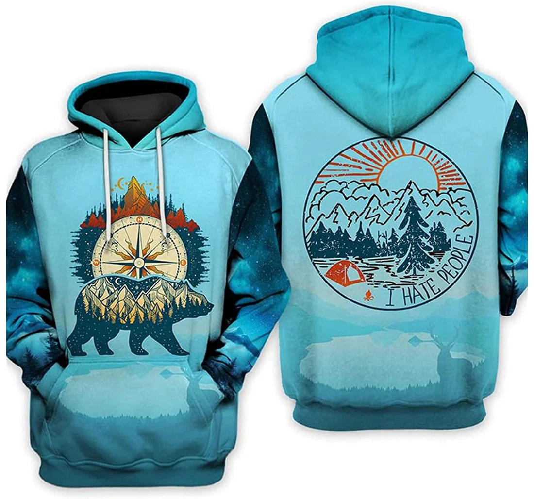 Personalized Wander Bear Blue Camping Hunting Hoodies 3d Wolf Lion - 3D Printed Pullover Hoodie