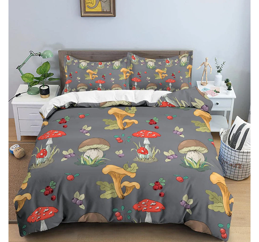 Personalized Bedding Set - Grey Mushroom Included 1 Ultra Soft Duvet Cover or Quilt and 2 Lightweight Breathe Pillowcases
