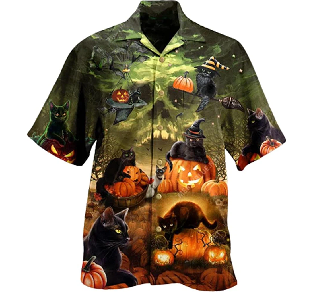 Personalized Black Cats Pumkin Halloween Funny Halloween Hawaiian Shirt, Button Up Aloha Shirt For Men, Women