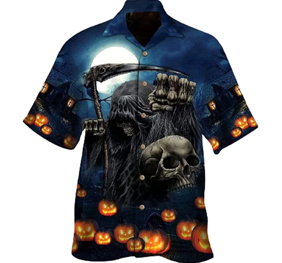 Personalized Creepy Skull Halloween Halloween Night Pumpkin Halloween Hawaiian Shirt, Button Up Aloha Shirt For Men, Women