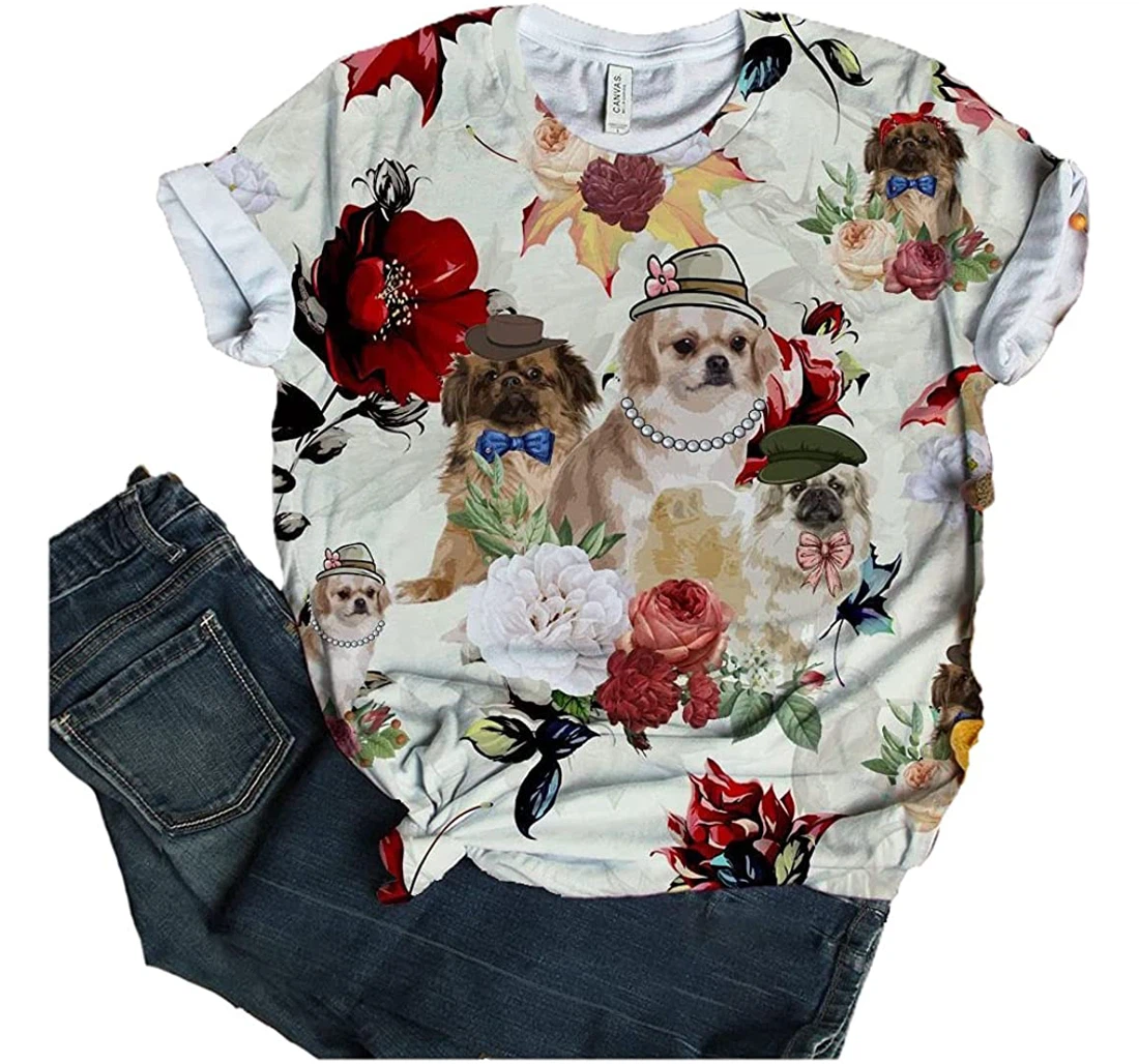 Tibetan Spaniel T-shirt Flower Autumn 90s Funny Cute Dog 3d Full All Over Print Unisex Graphic Crewneck Short Sleeve T-shirts For Women Men Boys S - 3D Printed T-shirt