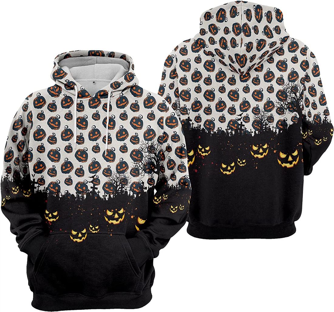 Cemetery Pumpkin Bat Cobweb Cat Seamless Pattern Halloween - 3D Printed Pullover Hoodie