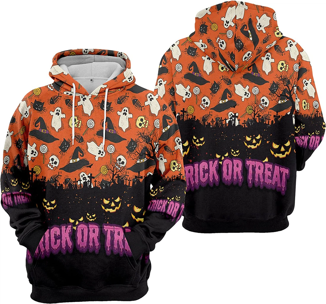 Trick Or Treat Pumpkin Cemetery Spiders Seamless Pattern Halloween - 3D Printed Pullover Hoodie