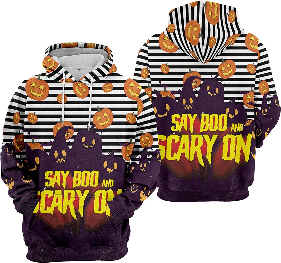 Say Boo Scary On Cat Bat Cobweb Seamless Pattern Halloween - 3D Printed Pullover Hoodie