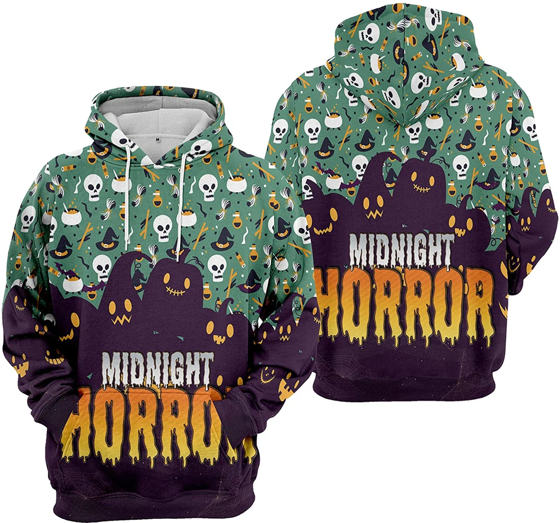 Midnight Horror Cat Bat Cobweb Seamless Pattern Halloween - 3D Printed Pullover Hoodie