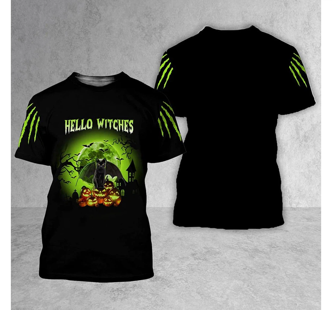 T-Shirt, Hoodie - Halloween Cat Hello Witches Green Moon 3D Printed