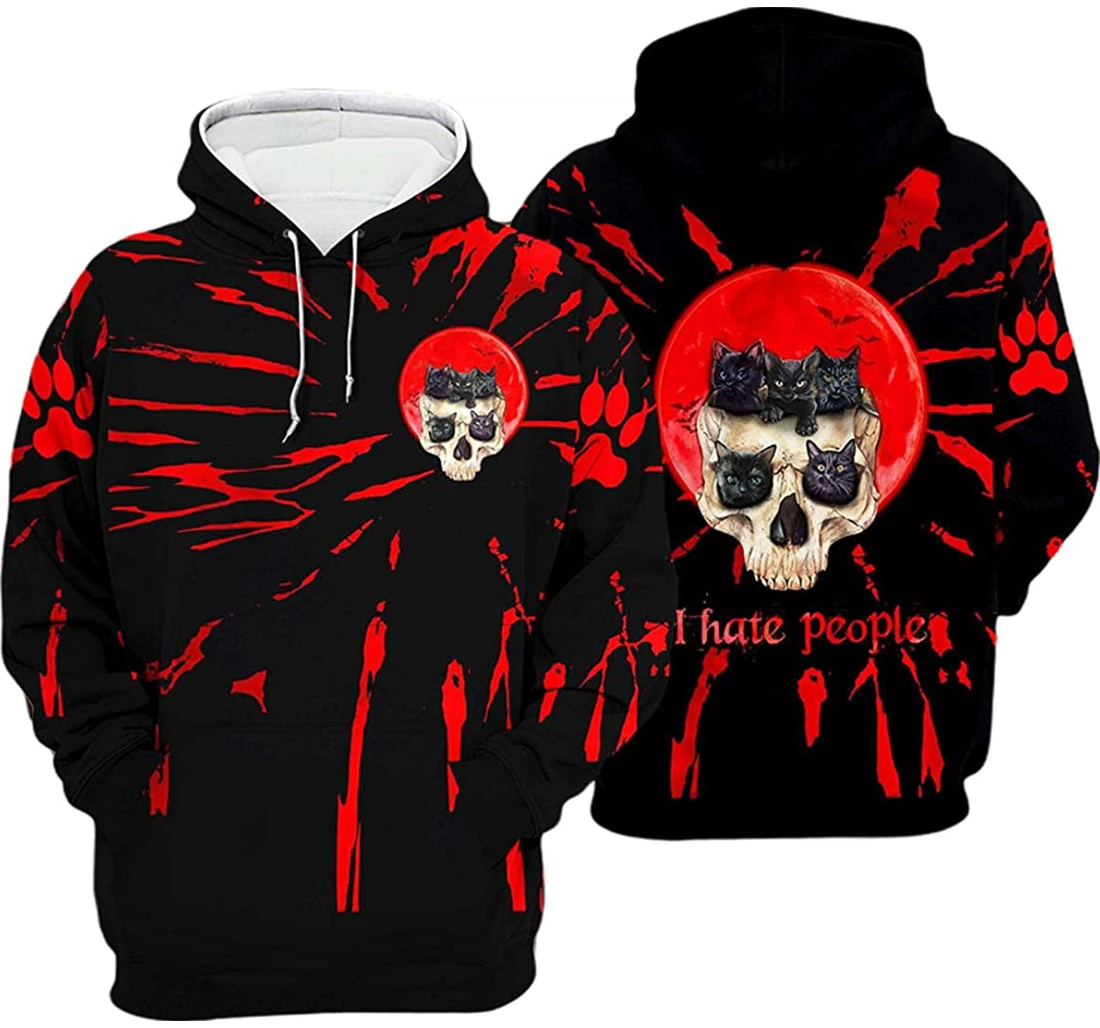 Halloween Cat Skull Tie Dye I Hate People - 3D Printed Pullover Hoodie