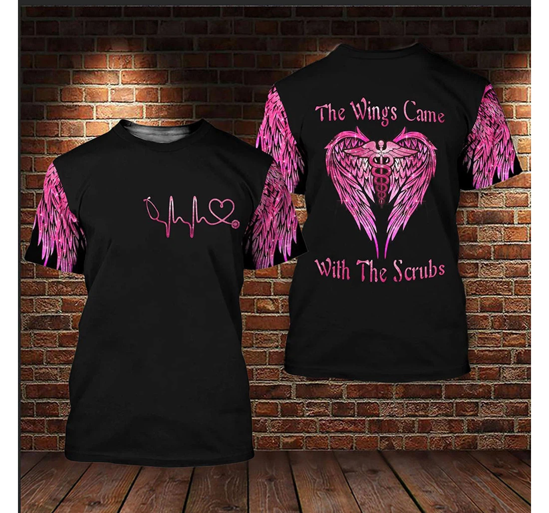 T-Shirt, Hoodie - Nurse The Wings Came With The Scrubs Pink Pattern 3D Printed