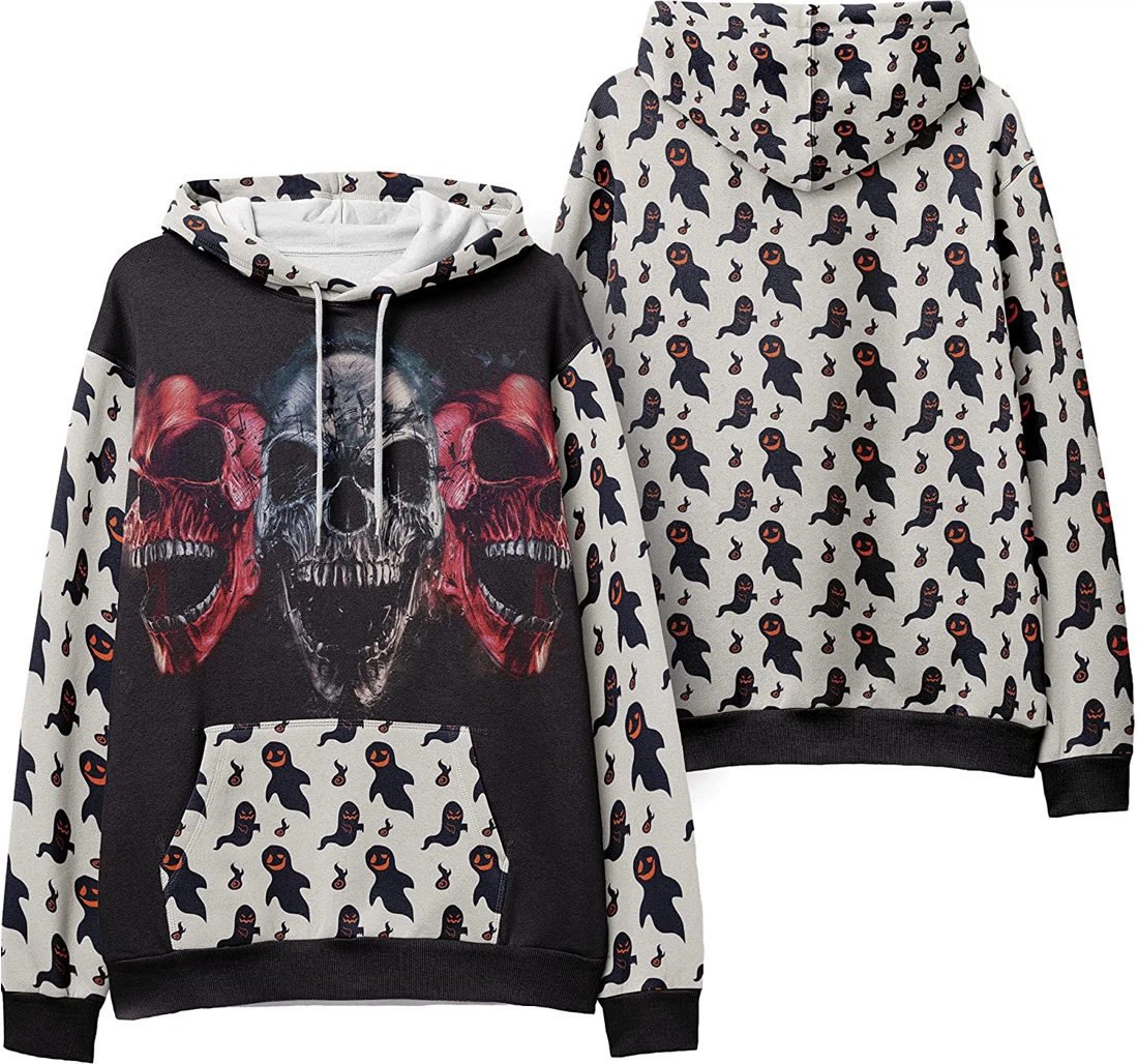 Demon Skull Crossbones Seamless Pattern Halloween - 3D Printed Pullover Hoodie