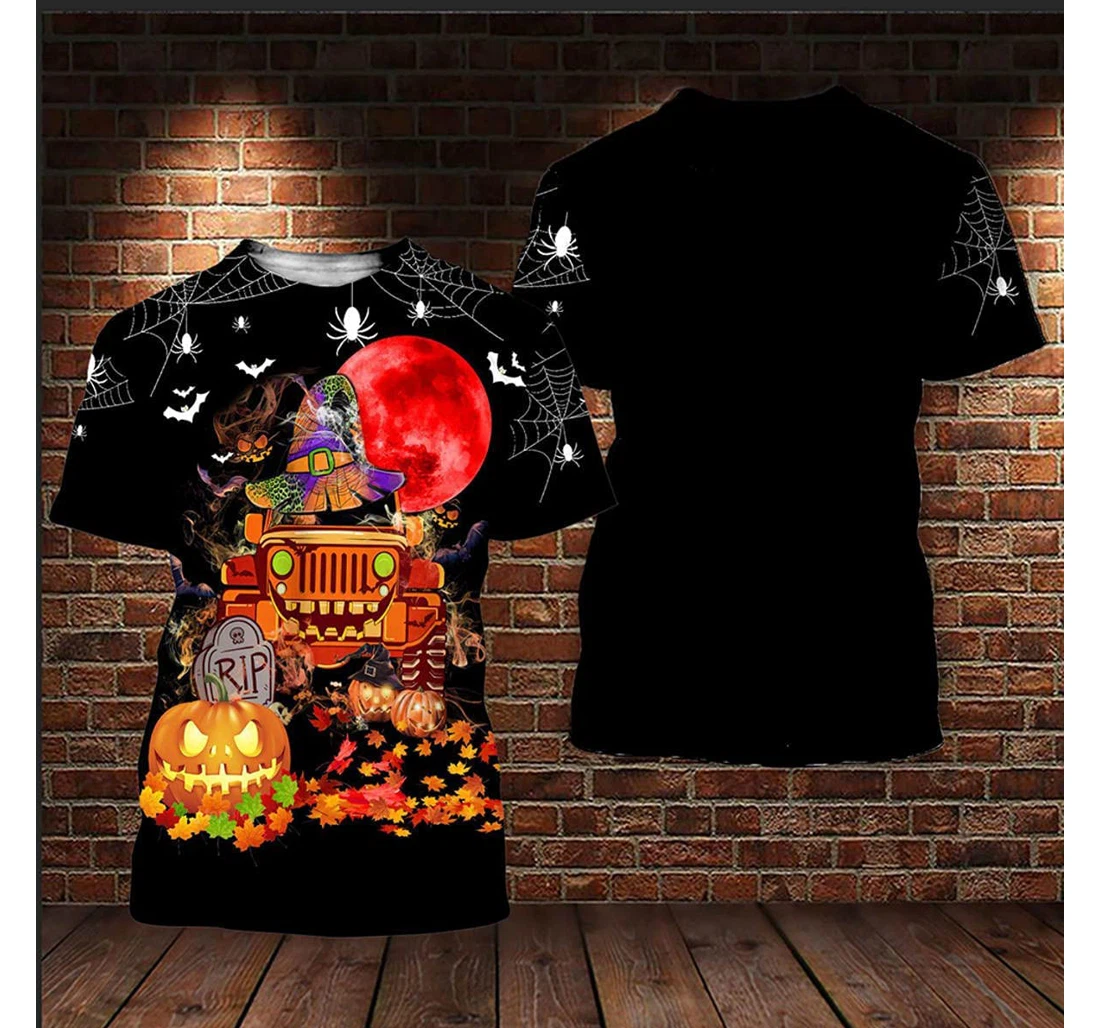 T-Shirt, Hoodie - Halloween Day Car Witch Blood Moon Pumpkin Spider Web Pattern 3D Printed