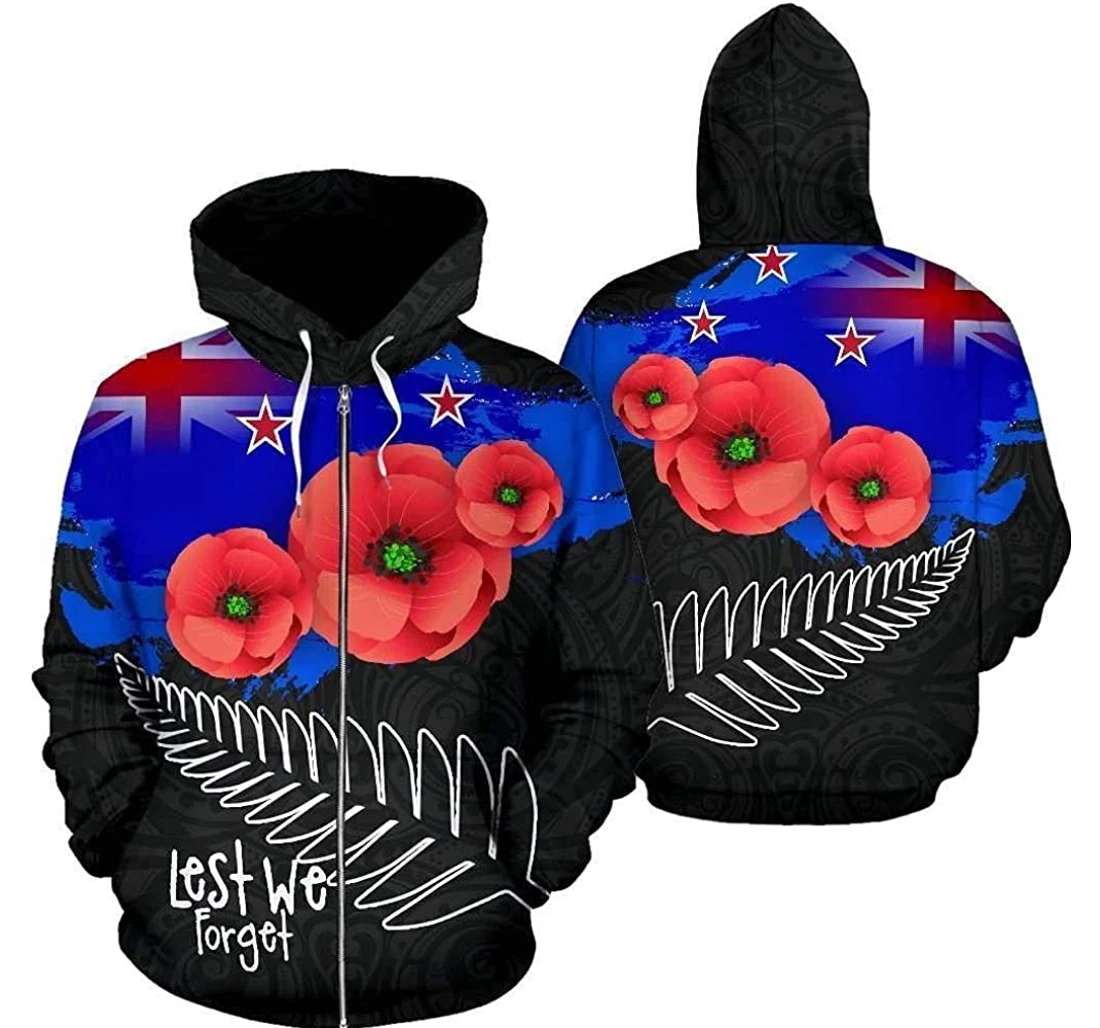 Zip Hoodie - Personalized Lest We Forget Silver Fern With Poppy Up Adultfull S-5xl - 3D Printed