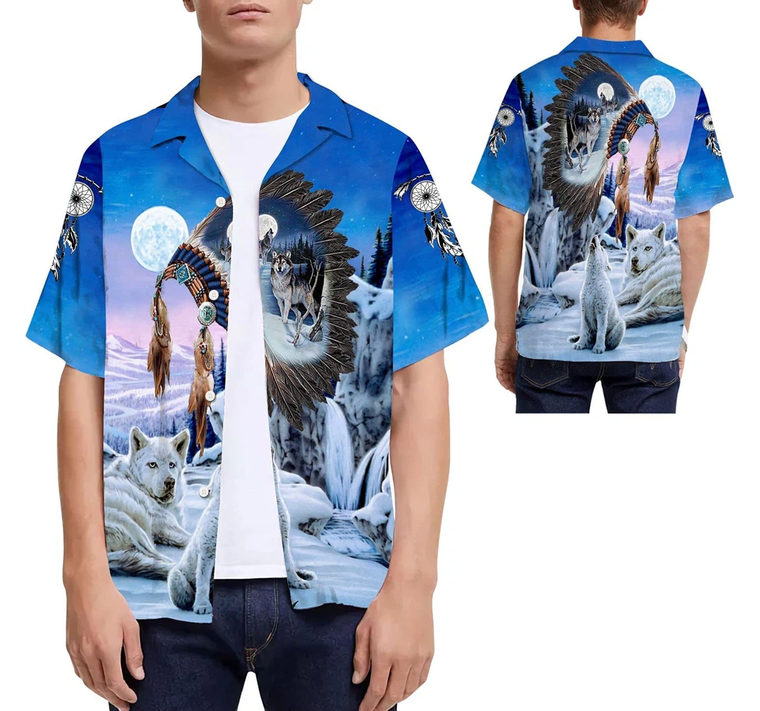 Wolf Native American Headdress American Indian Hawaiian Shirt, Button Up Aloha Shirt For Men, Women