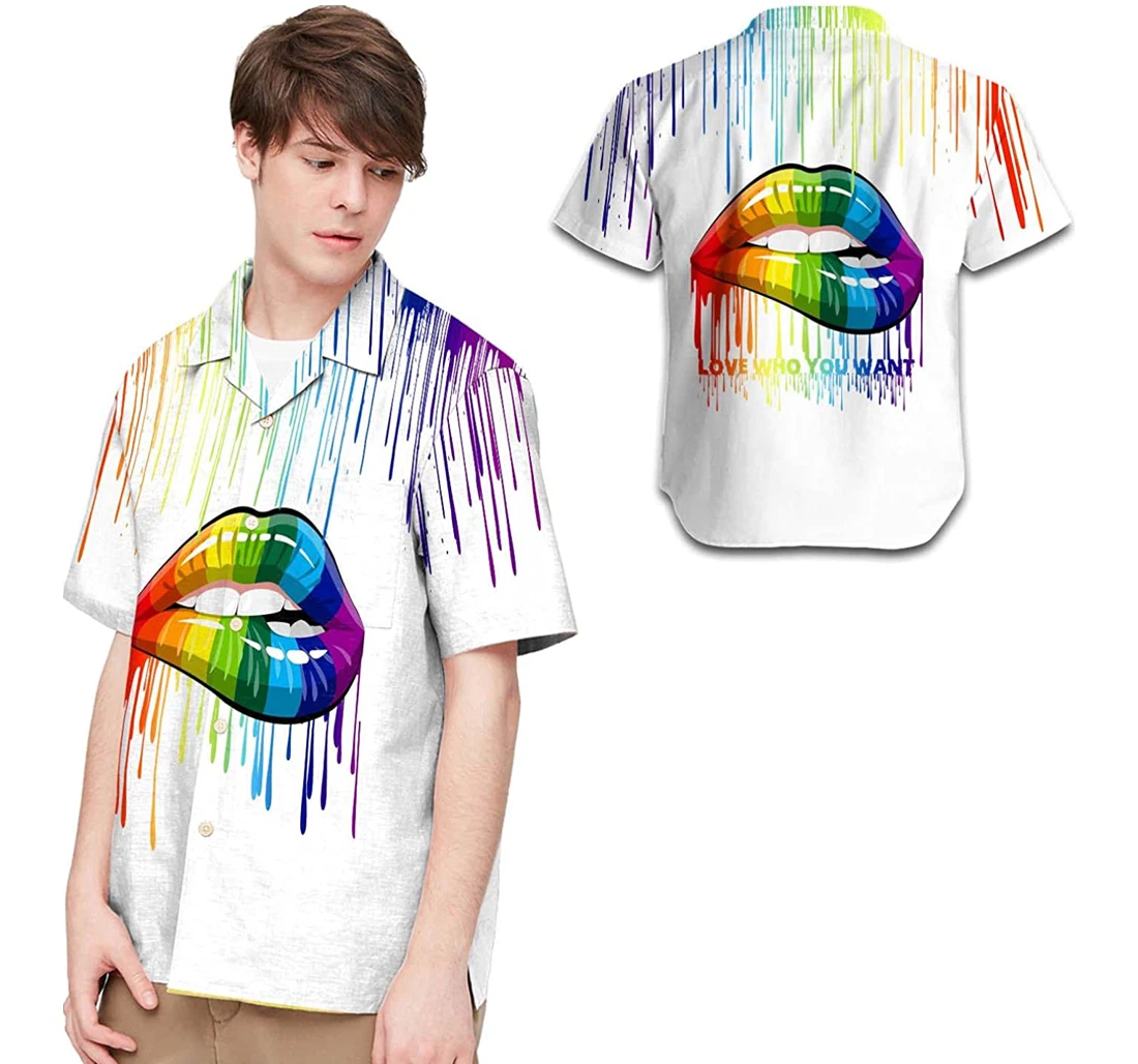 Love Who You Want Rainbow Lips Watercolor Lgbt Community Hawaiian Shirt, Button Up Aloha Shirt For Men, Women