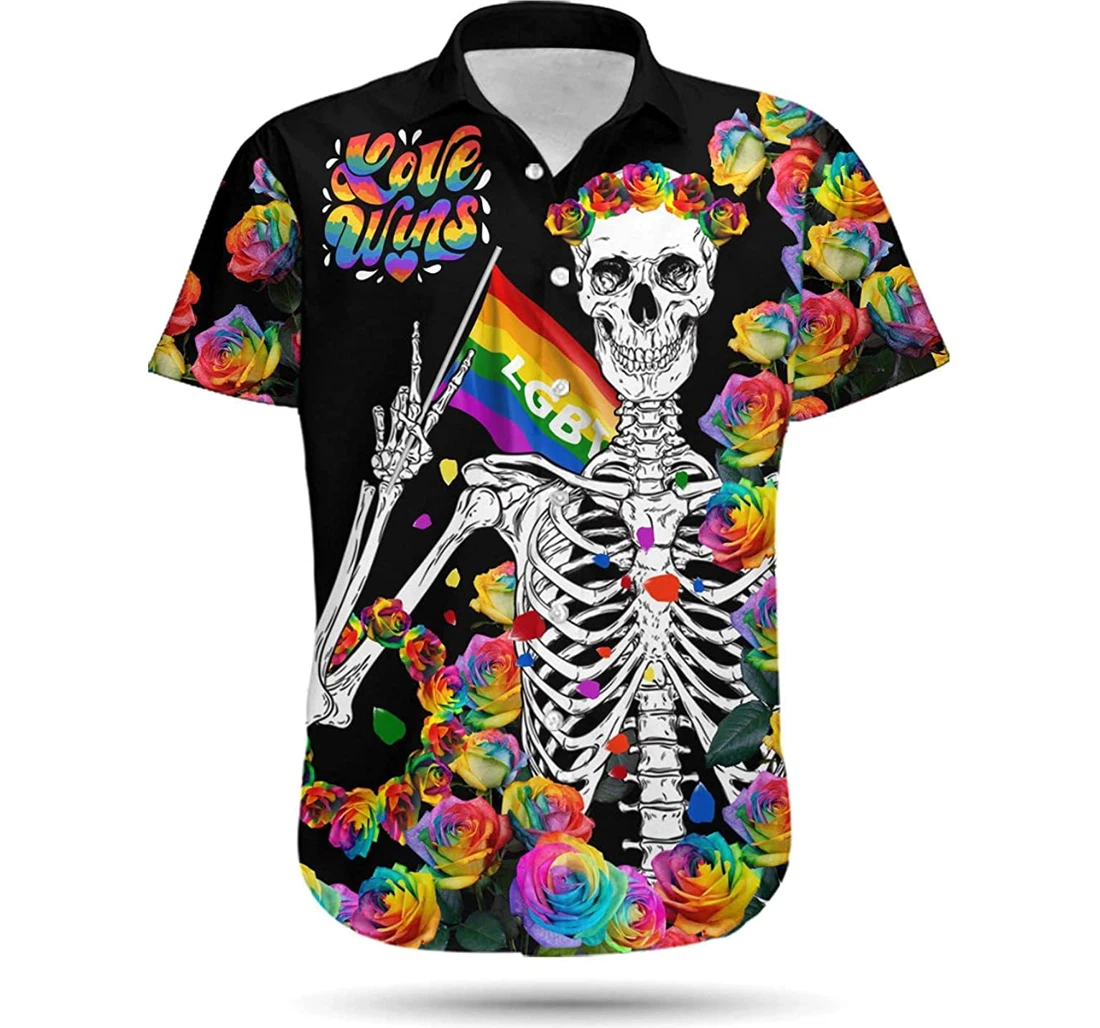 Love Wins Lgbt Skeleton With Colorful Roses Custom Name Pride Month Hawaiian Shirt, Button Up Aloha Shirt For Men, Women