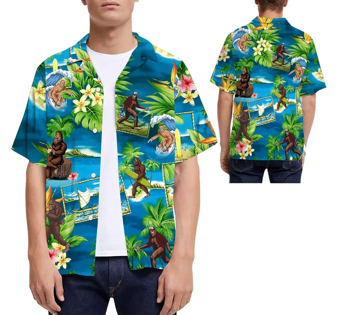 Bigfoot Surfing Bigfoot Lovers Hawaiian Shirt, Button Up Aloha Shirt For Men, Women