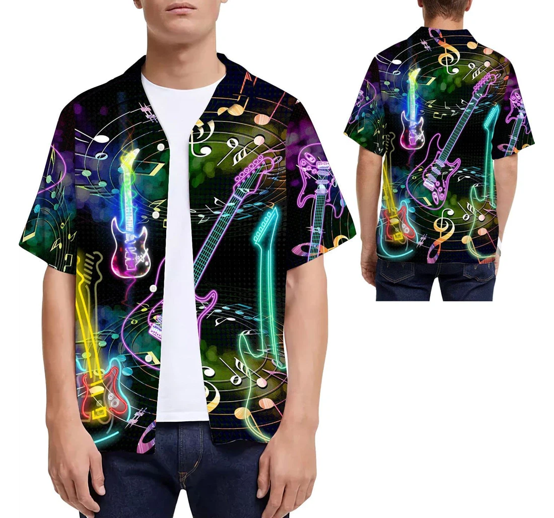 Electric Guitar Musical Note Pattern Guitar Lovers Hawaiian Shirt, Button Up Aloha Shirt For Men, Women