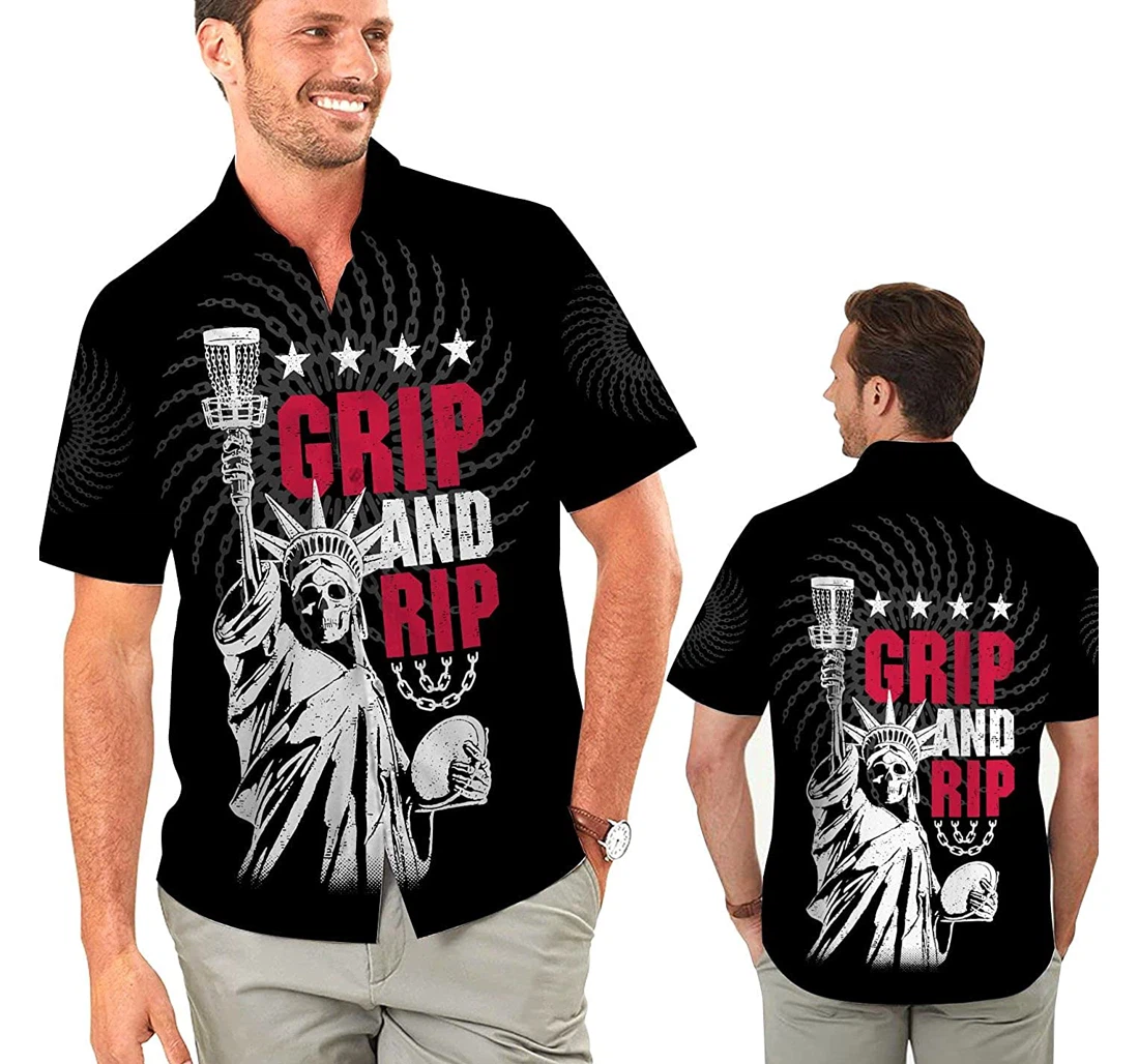 Grip & Rip Disc Golf Statue Of Liberty Skeleton Disc Golfers Hawaiian Shirt, Button Up Aloha Shirt For Men, Women