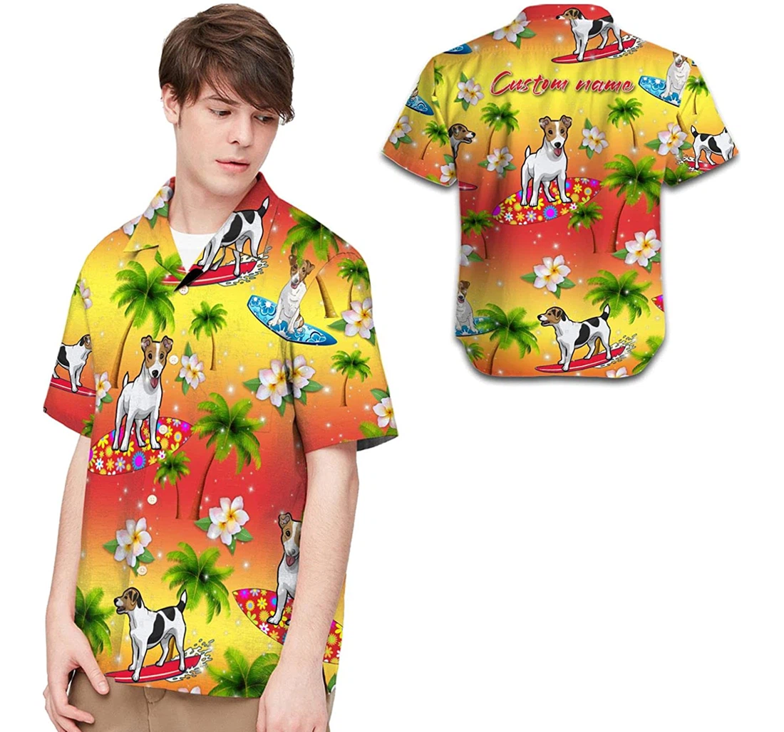 Surfing Jack Russell Coconut Tree Custom Name Dog Lovers Hawaiian Shirt, Button Up Aloha Shirt For Men, Women
