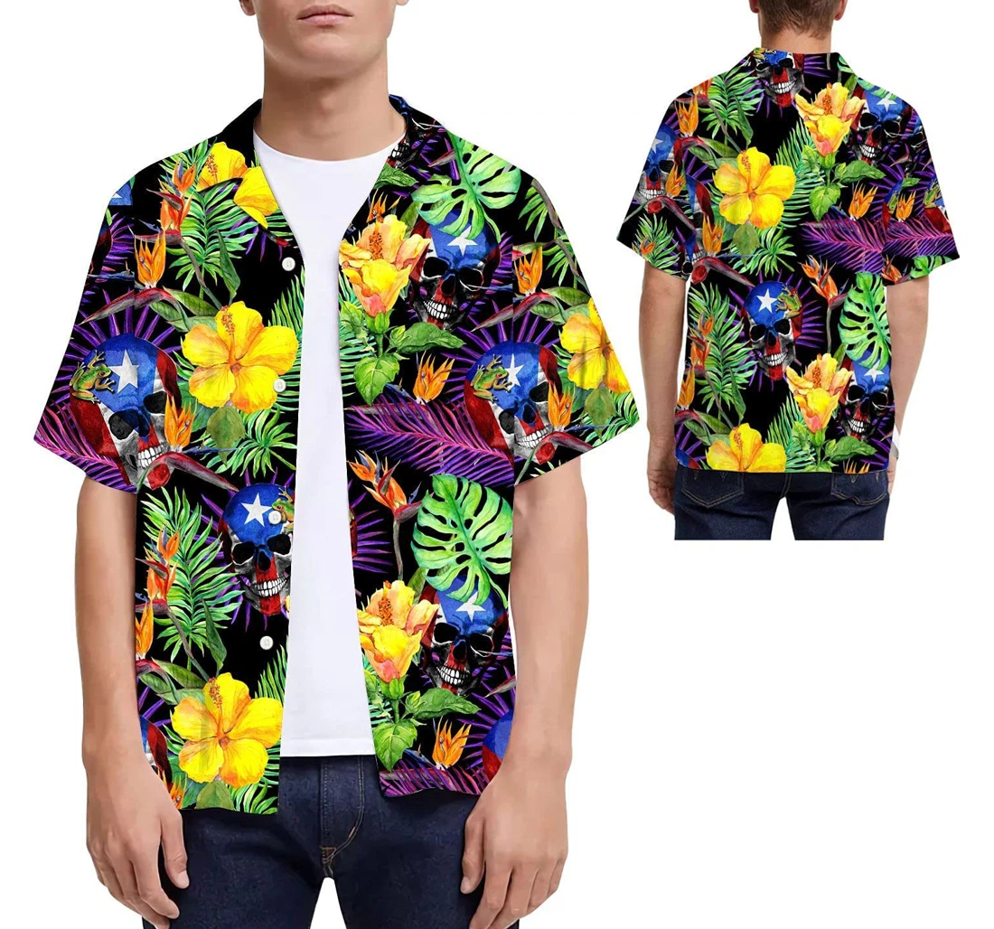 Puerto Rico Skull Flowers Puerto Ricans Hawaiian Shirt, Button Up Aloha Shirt For Men, Women