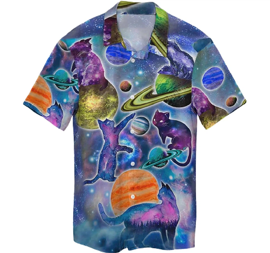 Galaxy Cat Soft Beach Full Prints Hawaiian Shirt, Button Up Aloha Shirt For Men, Women