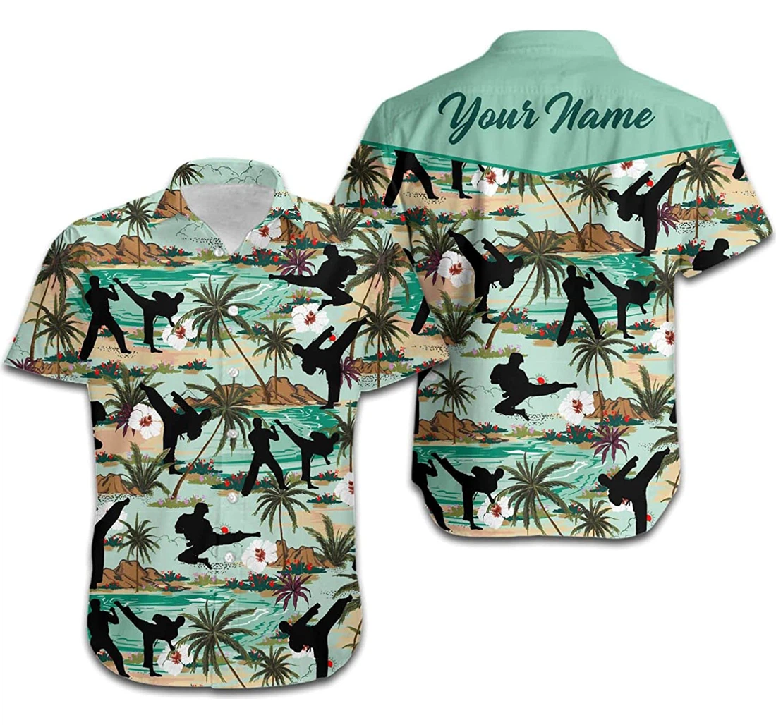 Karate Coconut Tree & Beach Custom Name Martial Arts Lovers Hawaiian Shirt, Button Up Aloha Shirt For Men, Women