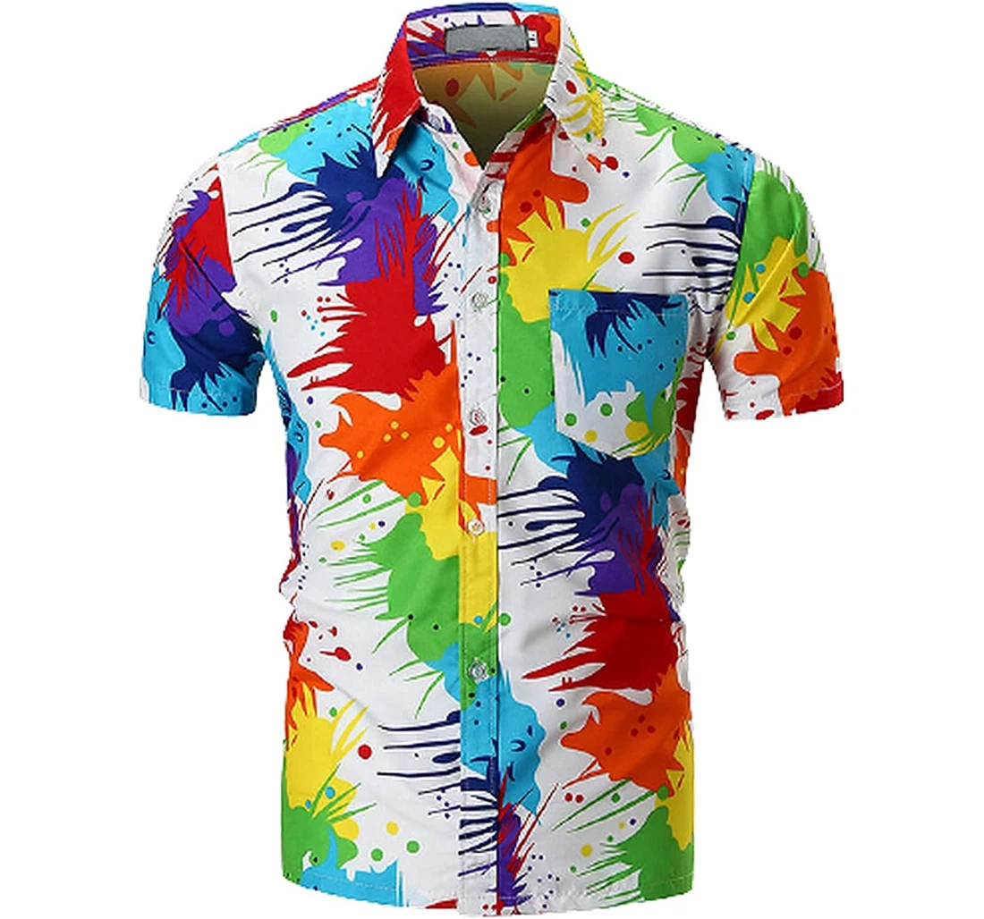 Chest Pocket Ink Splash Beach , Soft Beach Full Prints Hawaiian Shirt, Button Up Aloha Shirt For Men, Women