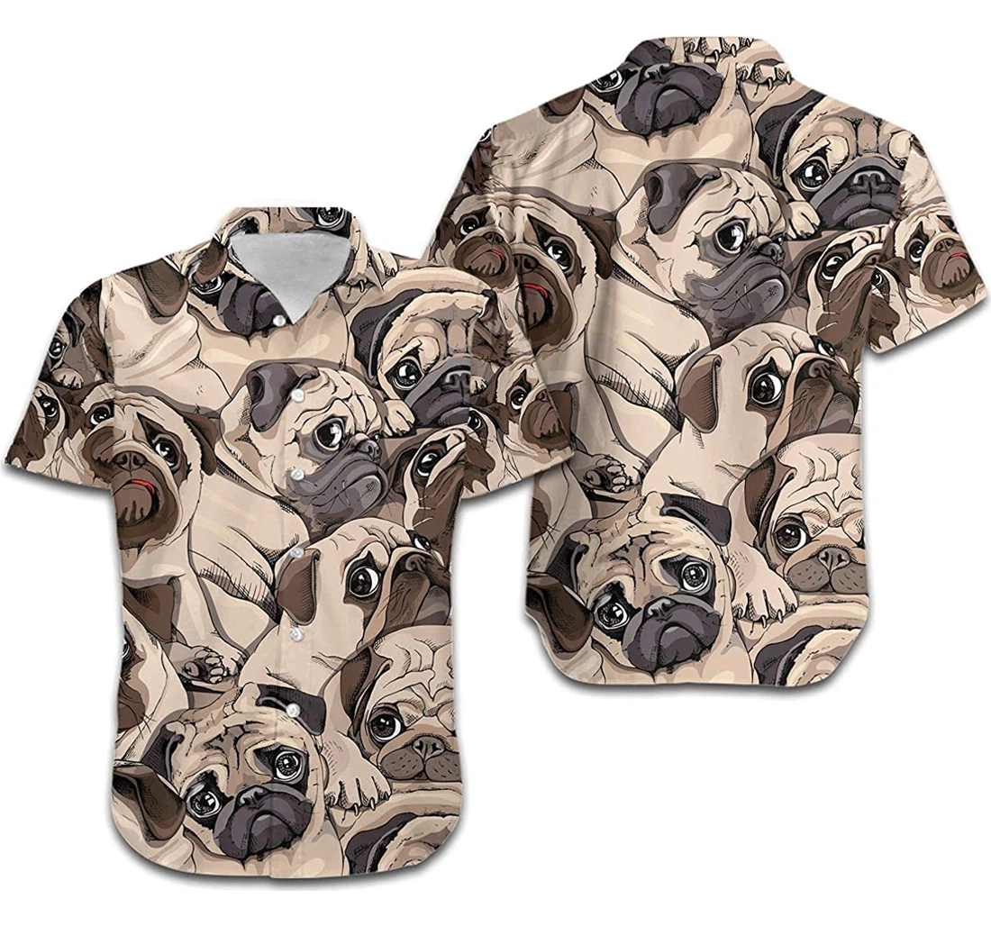 Cute Pugs Portraits Dogs Lovers Hawaiian Shirt, Button Up Aloha Shirt For Men, Women