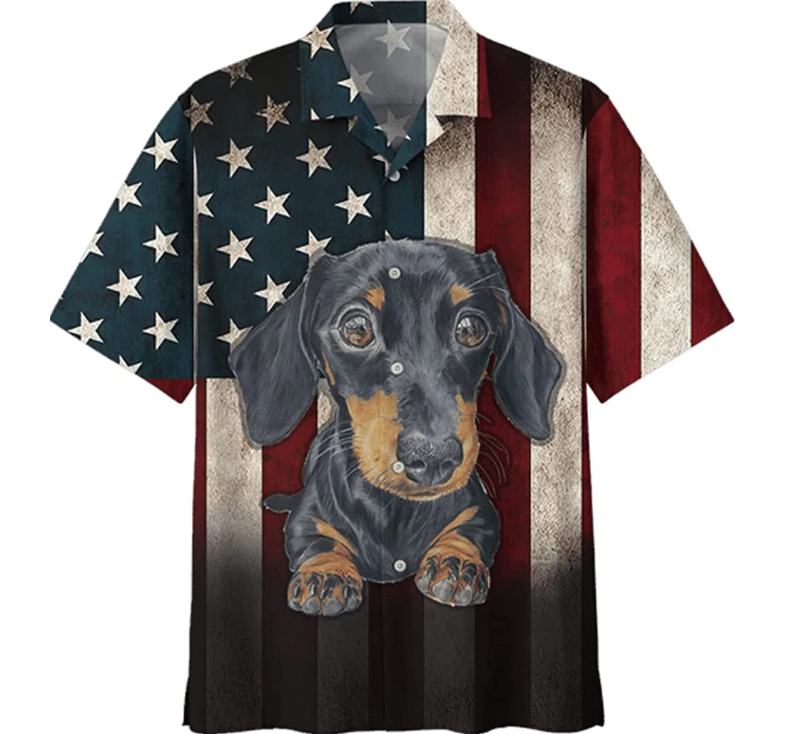 Personalized Cute Dachshund In America Pattern Short, Hawaiian Shirt, Button Up Aloha Shirt For Men, Women