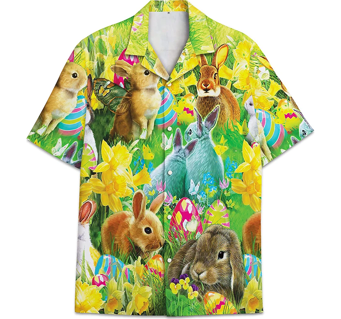 Personalized Happy Easter Funny Beach Shirts Bunny Eggs Hawaiian Shirt, Button Up Aloha Shirt For Men, Women