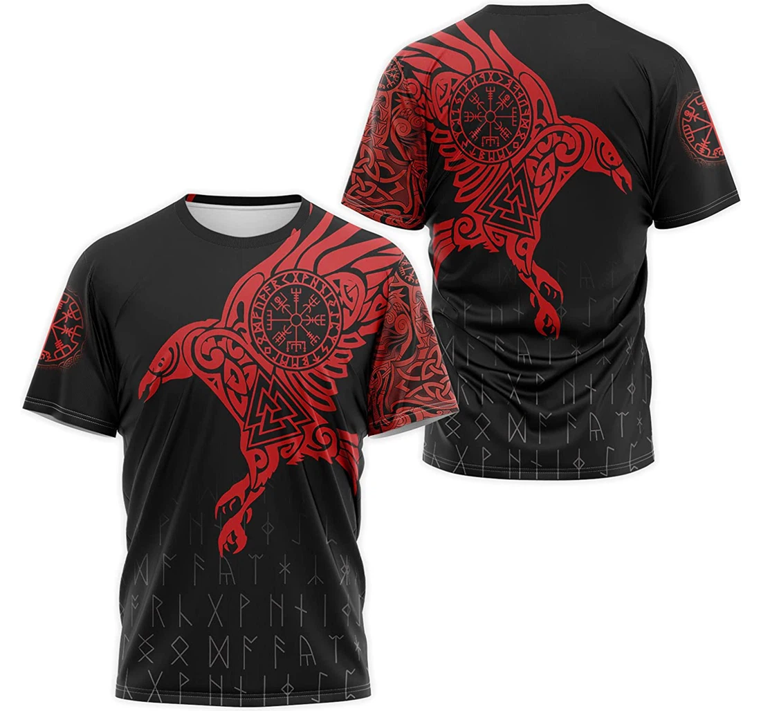 T-Shirt, Hoodie - Red Ravens Nordic Compass Valknut Norse Mythology Pattern 3D Printed