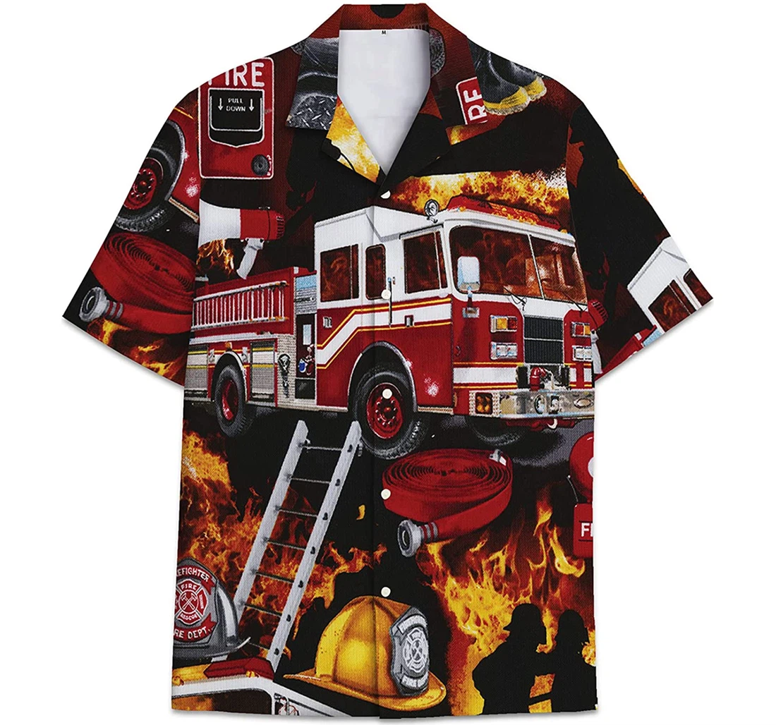 Personalized Fire Engine Truck Pattern Firefighter Hawaiian Shirt, Button Up Aloha Shirt For Men, Women