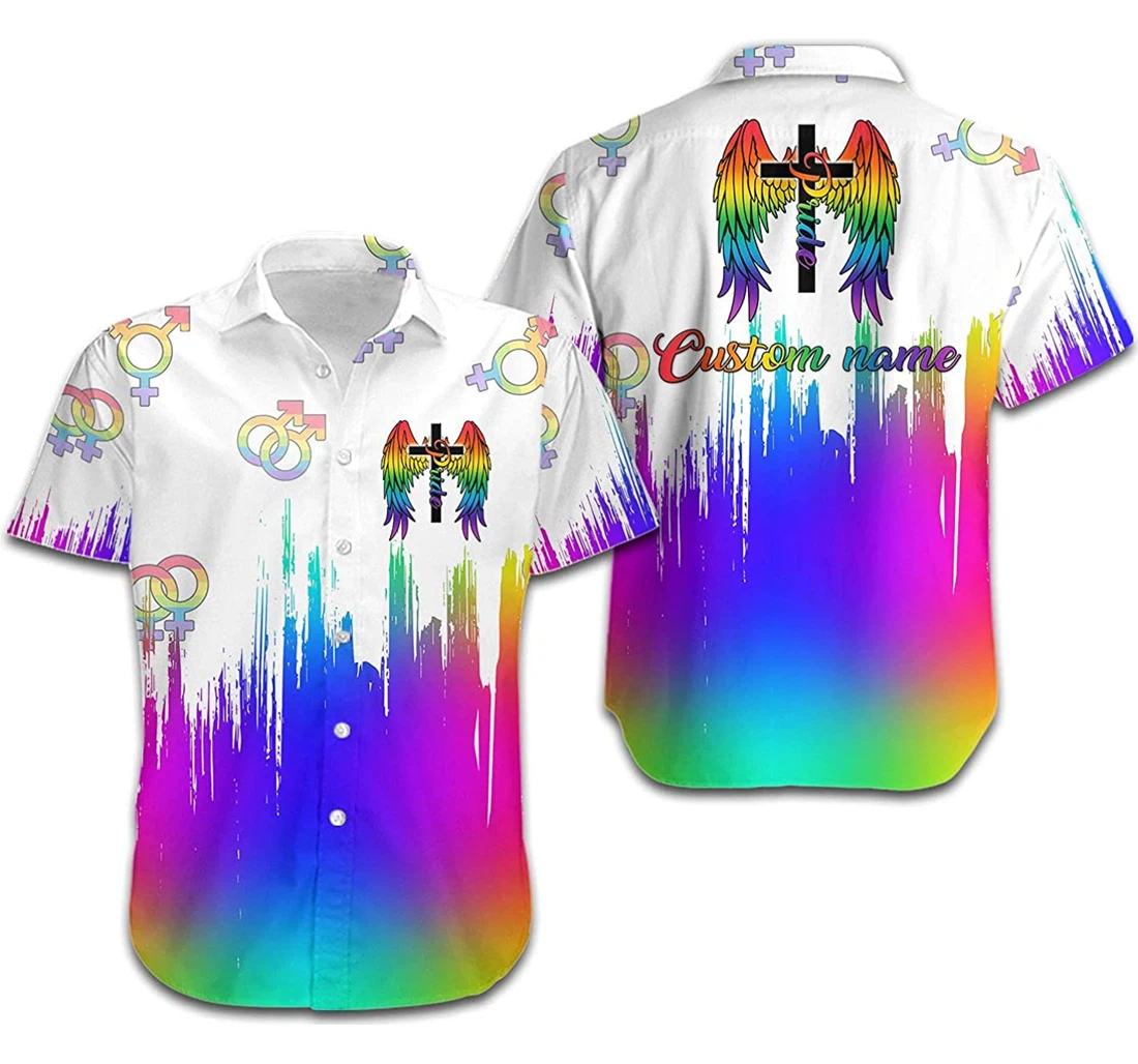 Lgbt Pride Angel Wings Cross Custom Name Lgbt Community Hawaiian Shirt, Button Up Aloha Shirt For Men, Women