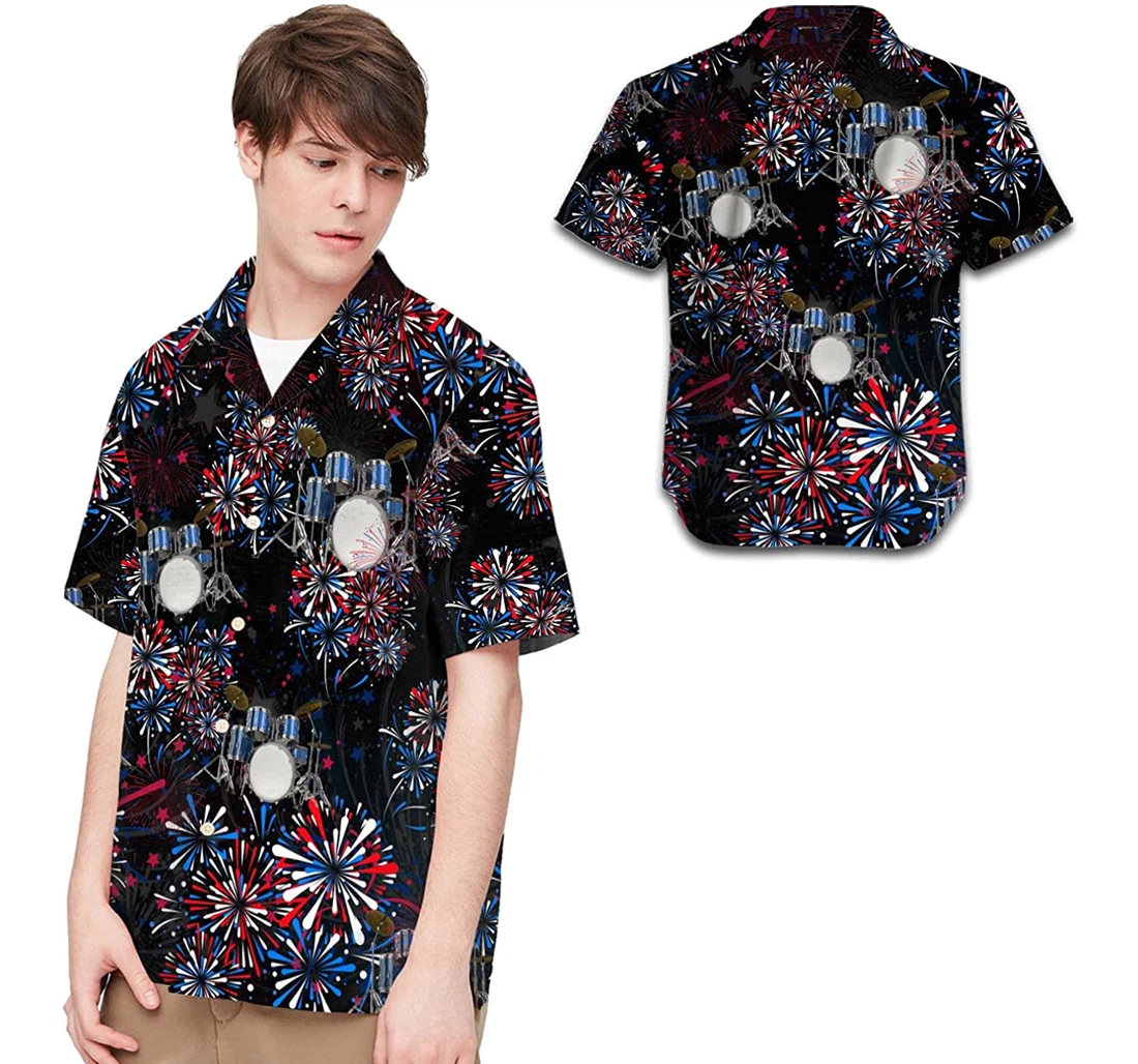 Drums American Independence Day 4th Of July Fireworks Hawaiian Shirt, Button Up Aloha Shirt For Men, Women