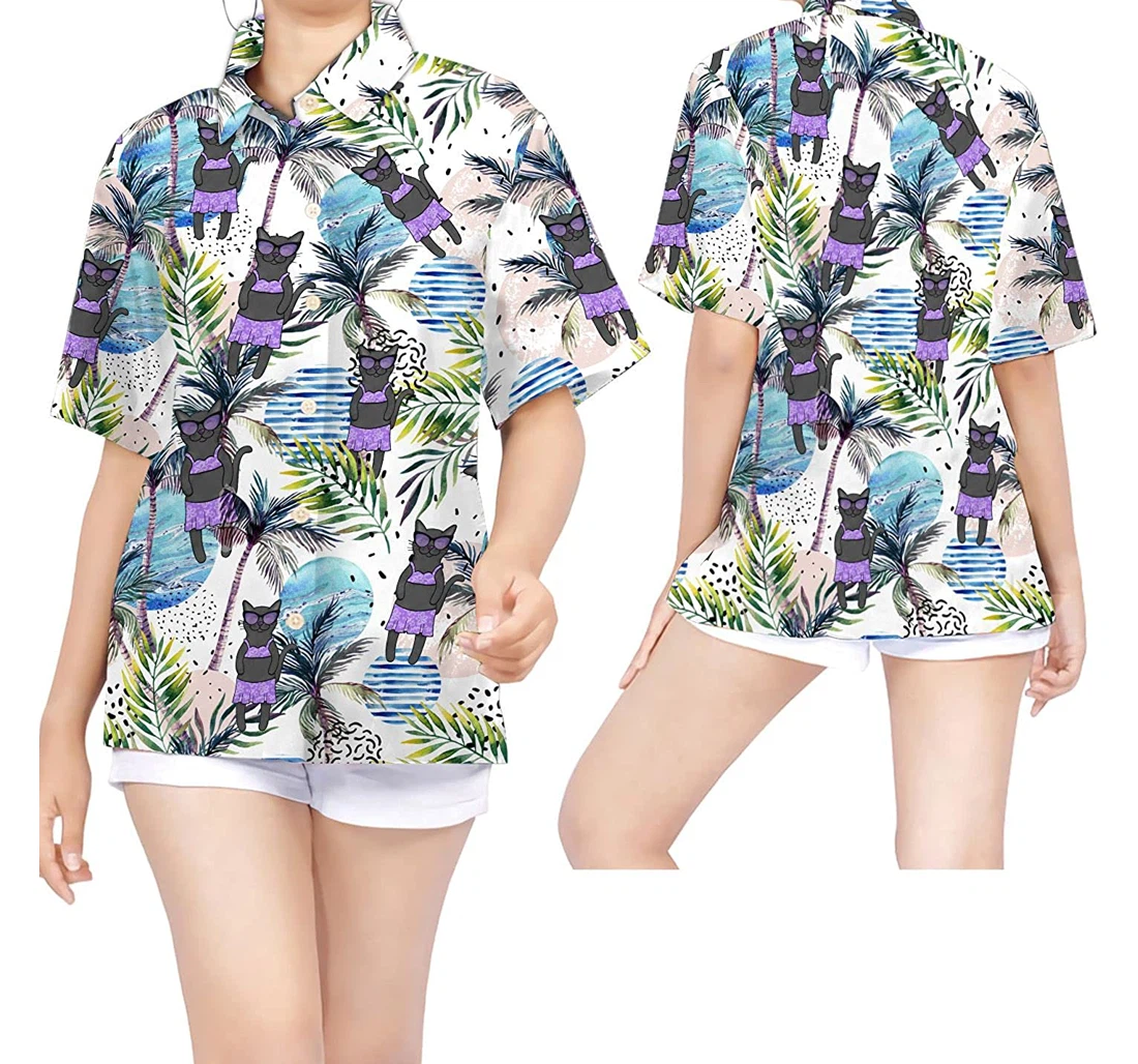 Black Cat & Beach Pet Lovers In Daily Life Hawaiian Shirt, Button Up Aloha Shirt For Men, Women