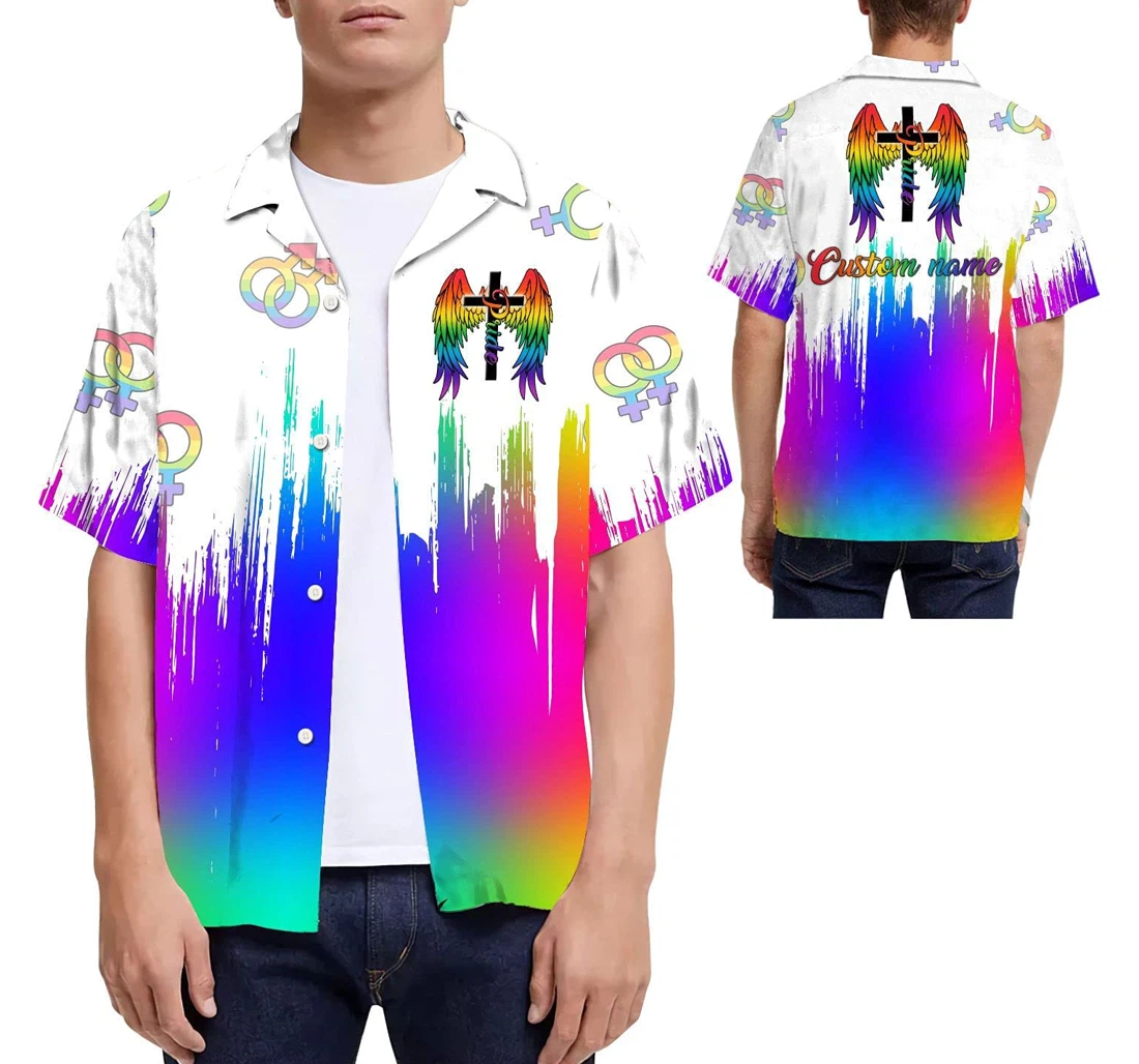 Lgbt Pride Angel Wings Cross Custom Name Lgbt Community Hawaiian Shirt, Button Up Aloha Shirt For Men, Women