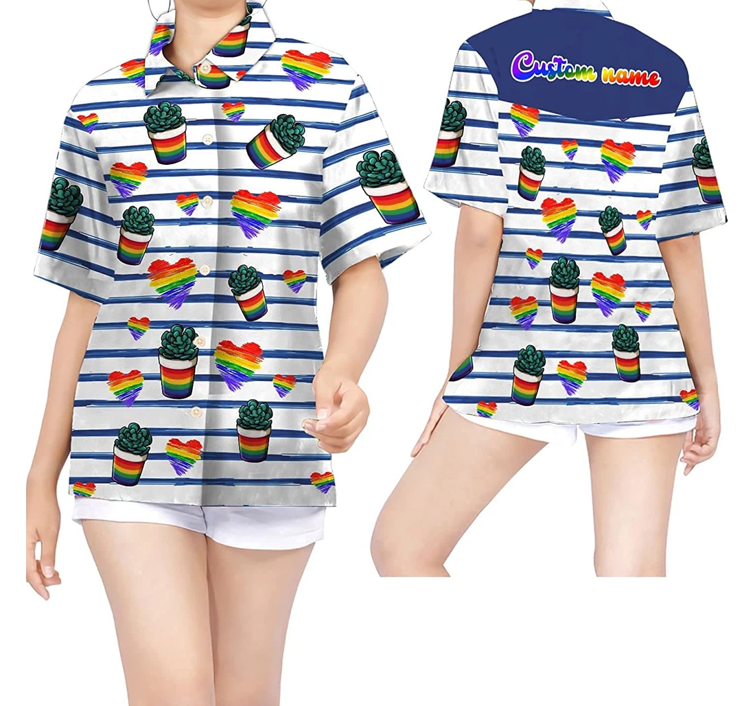 Rainbow Heart Cactus Custom Name Lgbt Community In Daily Life Hawaiian Shirt, Button Up Aloha Shirt For Men, Women