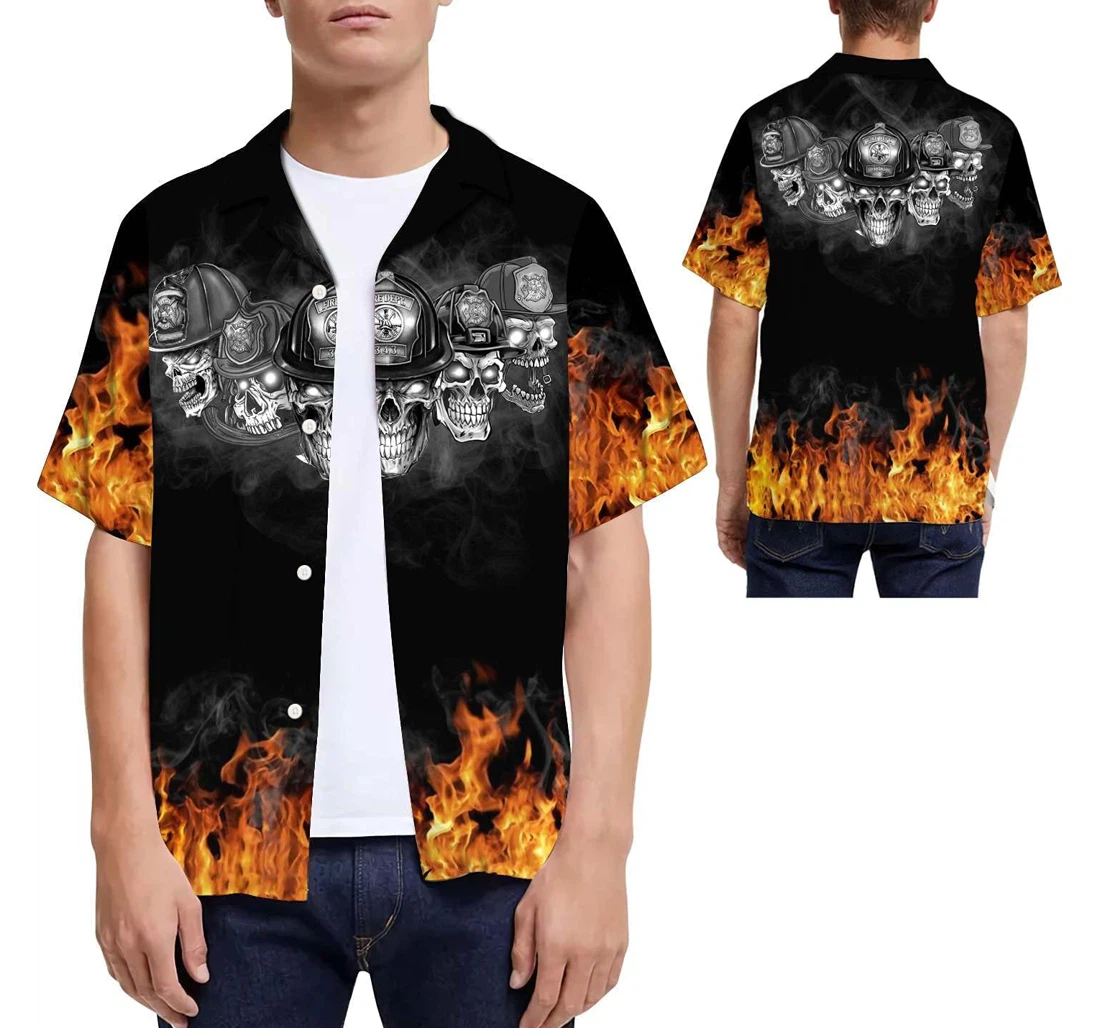 Firefighter Flame Black & White Skulls Hawaiian Shirt, Button Up Aloha Shirt For Men, Women