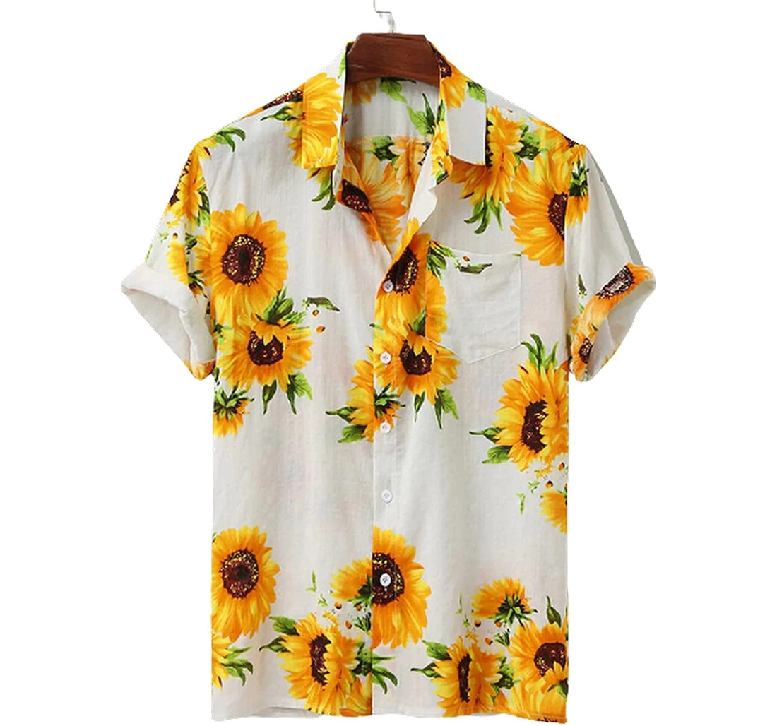 Fashion Men's Travel Leisure Sunflower Soft Beach Full Prints Hawaiian Shirt, Button Up Aloha Shirt For Men, Women