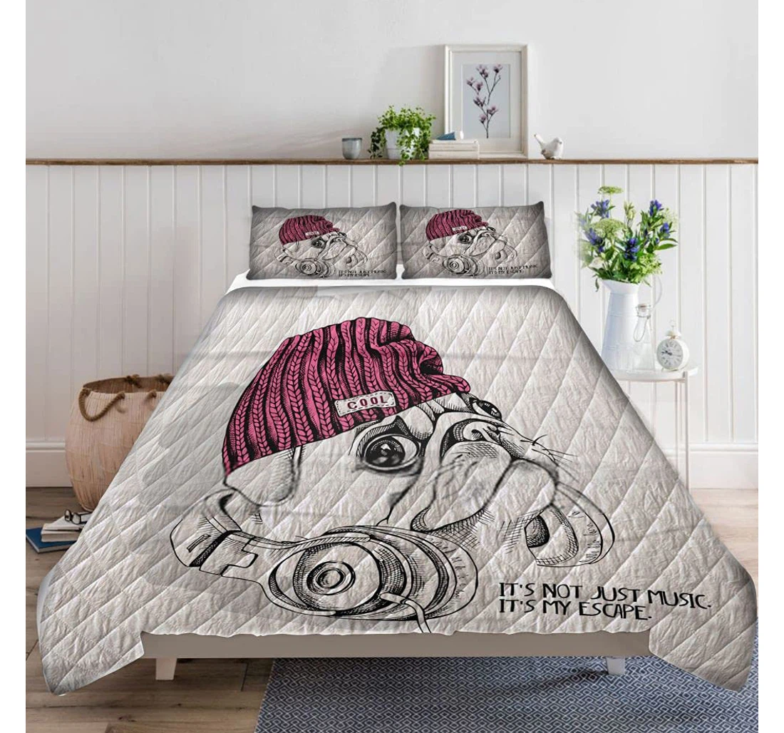 Personalized Bedding Set - Pug Hipster Hat Headphones On Neck Included 1 Ultra Soft Duvet Cover or Quilt and 2 Lightweight Breathe Pillowcases