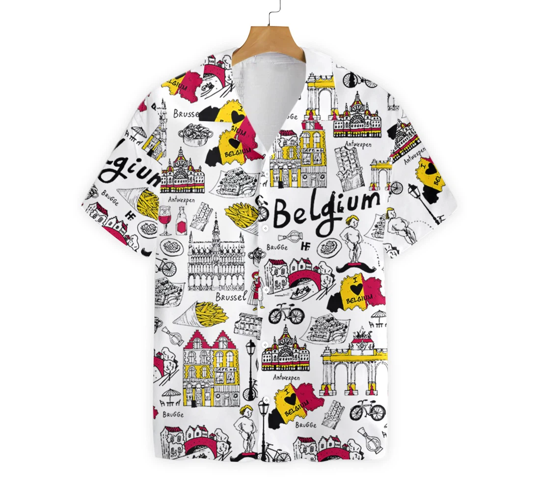 I Love Belgium Doodle Hawaiian Shirt, Button Up Aloha Shirt For Men, Women