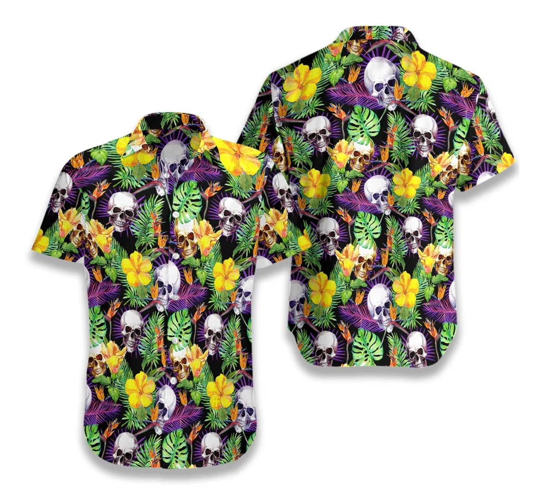 Skull Pattern Hawaiian Shirt, Button Up Aloha Shirt For Men, Women