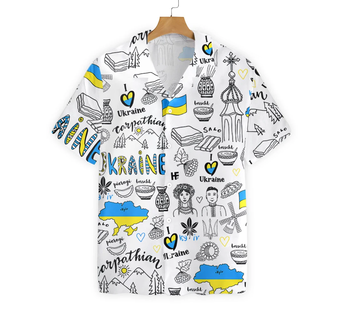 I Love Ukraine Doodle Hawaiian Shirt, Button Up Aloha Shirt For Men, Women